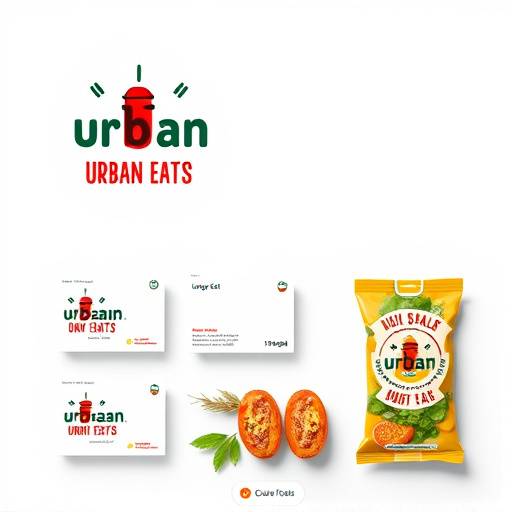 Branding mockups for 'Urban Eats', including a logo, business cards, and packaging design, reflecting a modern and vibrant urban food brand.