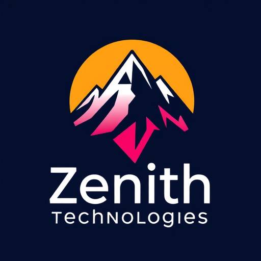 Logo design for 'Zenith Technologies', featuring a stylized mountain peak and a vibrant color palette.